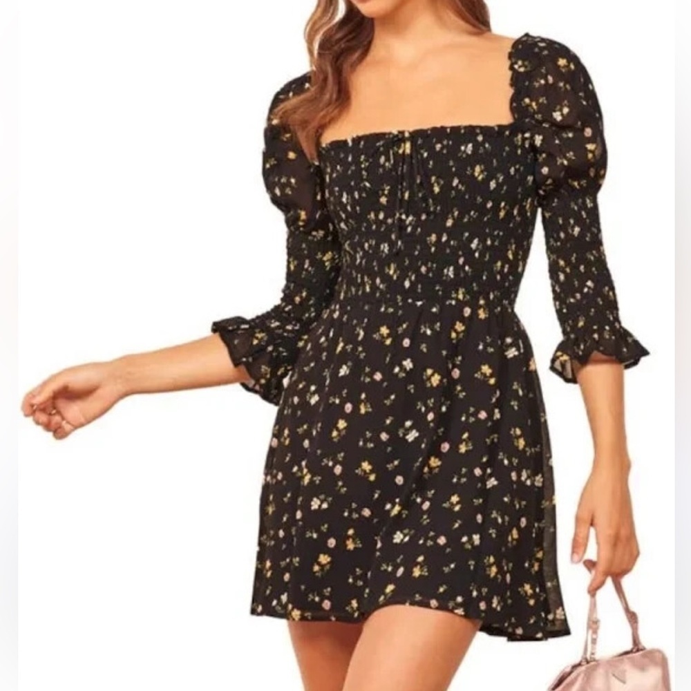 Reformation Loulou ditsy Black Floral Long Puff Sleeve Dress 51282